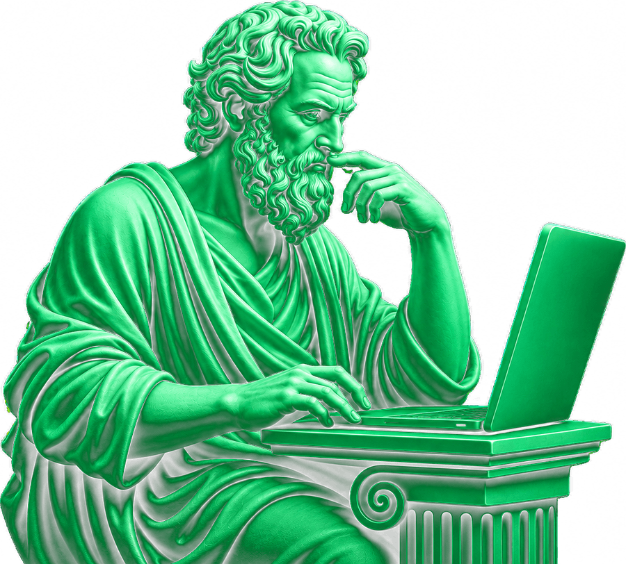 Statue of a Greek philosopher working on a laptop